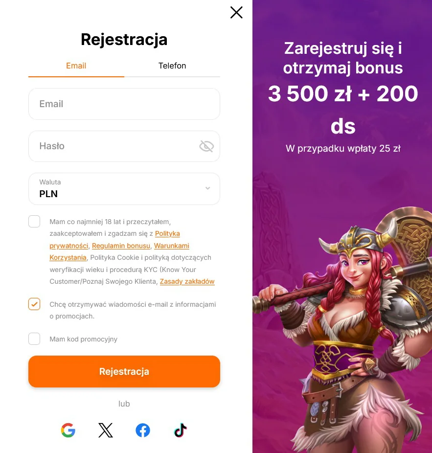 HitNSpin Formularz Rejestracyjny