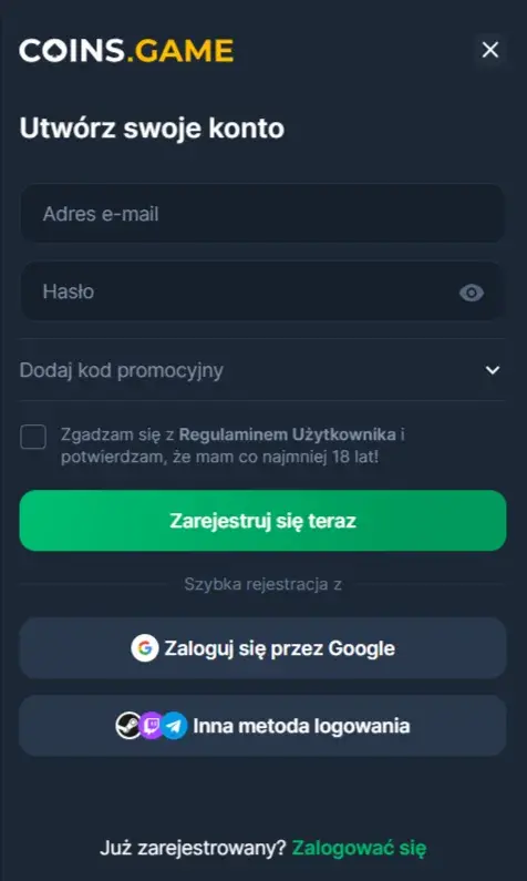 Coins.Game Casino Formularz Rejestracyjny