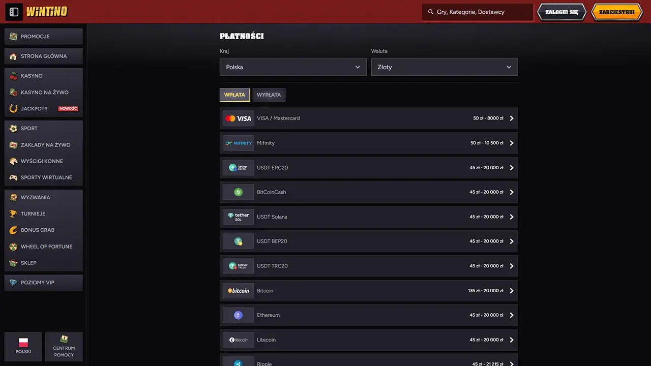 Wintino Casino Metody Płatności