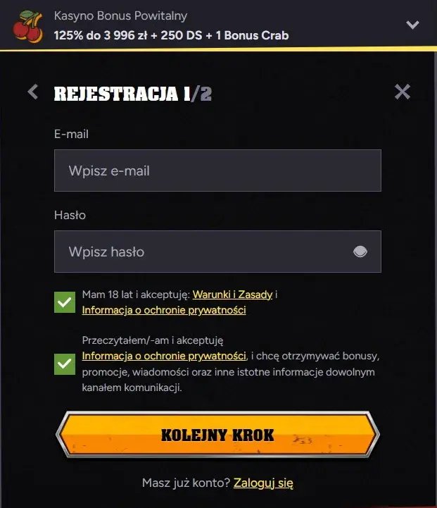 Wintino Casino Formularz Rejestracyjny