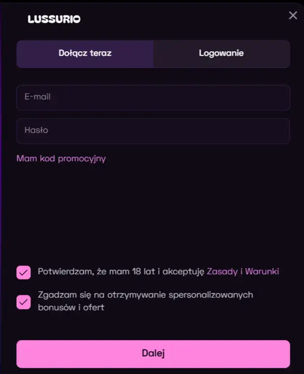 Lussurio Casino Formularz Rejestracyjny
