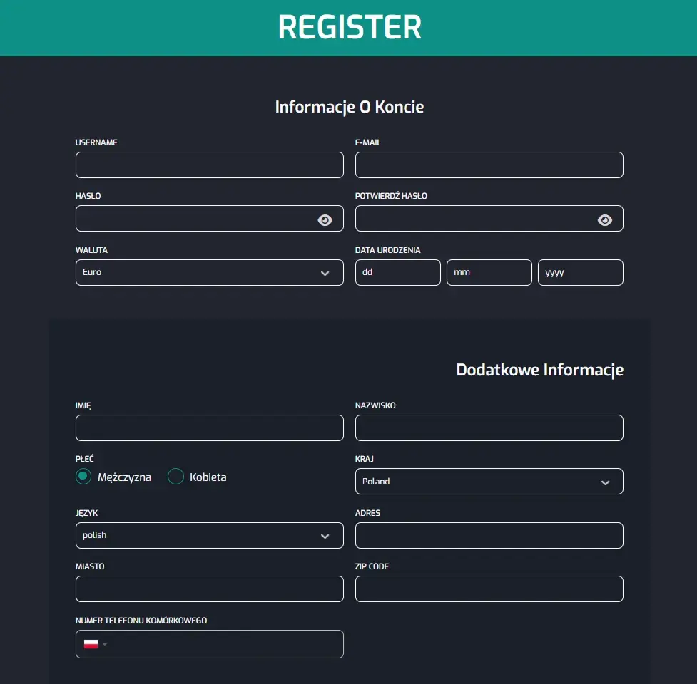 CristalPoker Casino Formularz Rejestracyjny
